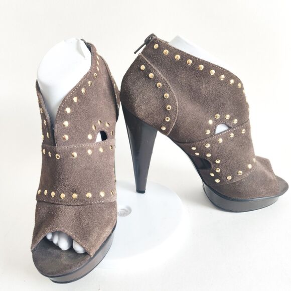 Steve Madden Devi Heels 7.5 Gray Suede Studded 5" Thick Heels Cutouts Platform - Picture 4 of 9